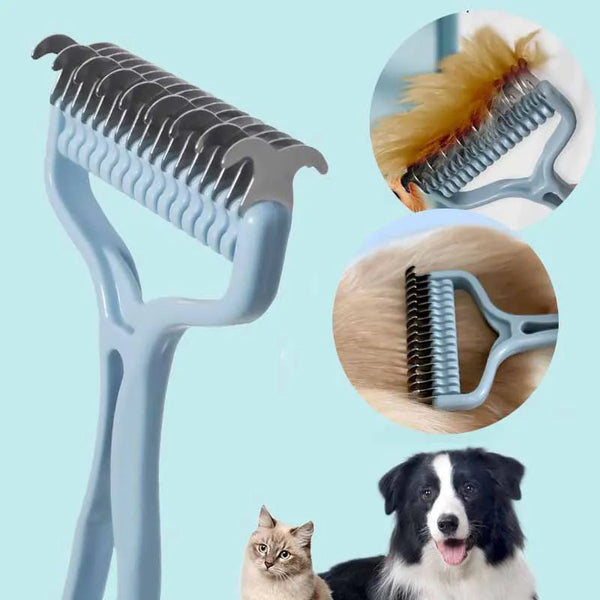A light blue pet grooming brush is shown next to a dog and a cat, with a close-up view of the brush's bristles.