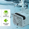 A white replacement pump with a cleaning brush is shown submerged in clear water, highlighting its low consumption and waterp