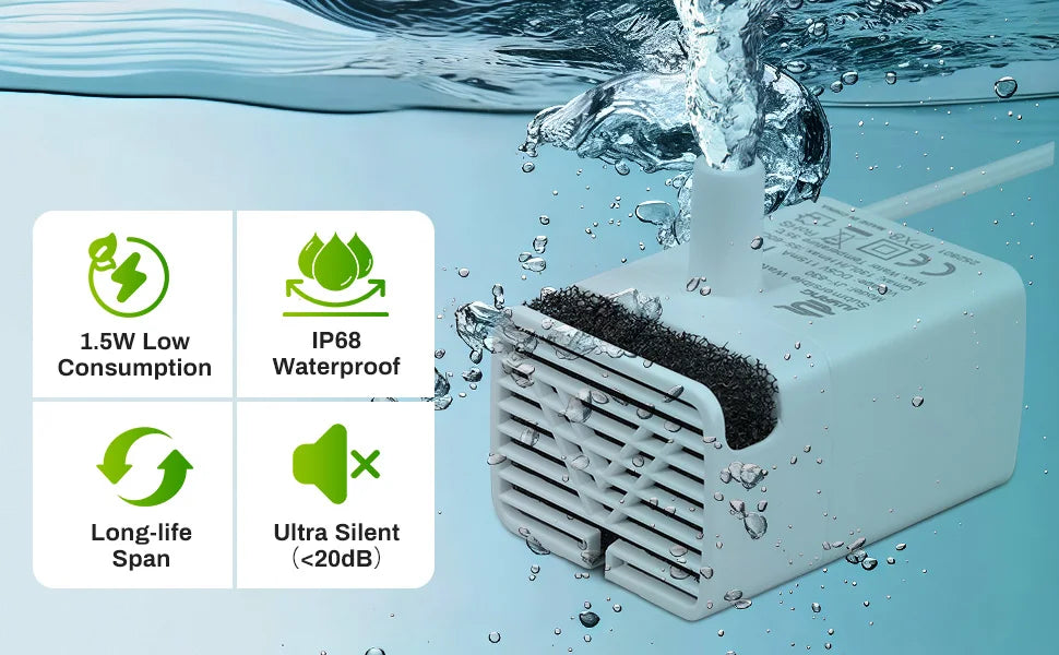 A white replacement pump with a cleaning brush is shown submerged in clear water, highlighting its low consumption and waterp