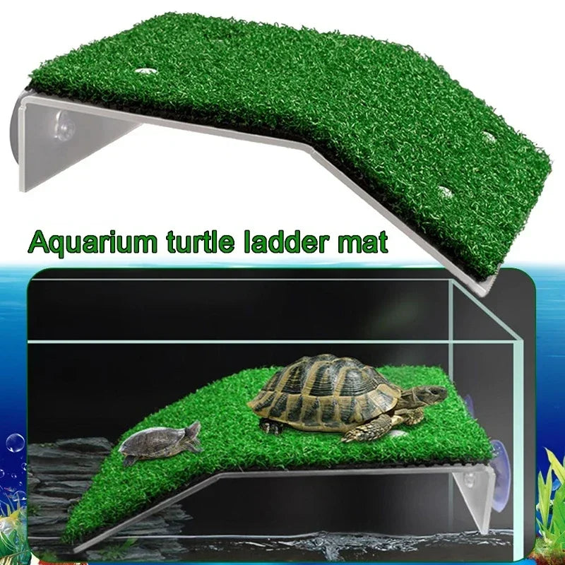 A green artificial grass ladder mat used as a basking platform for an aquarium turtle.