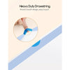 Close-up of a hand pulling a blue heavy duty drawstring liner from a litter box