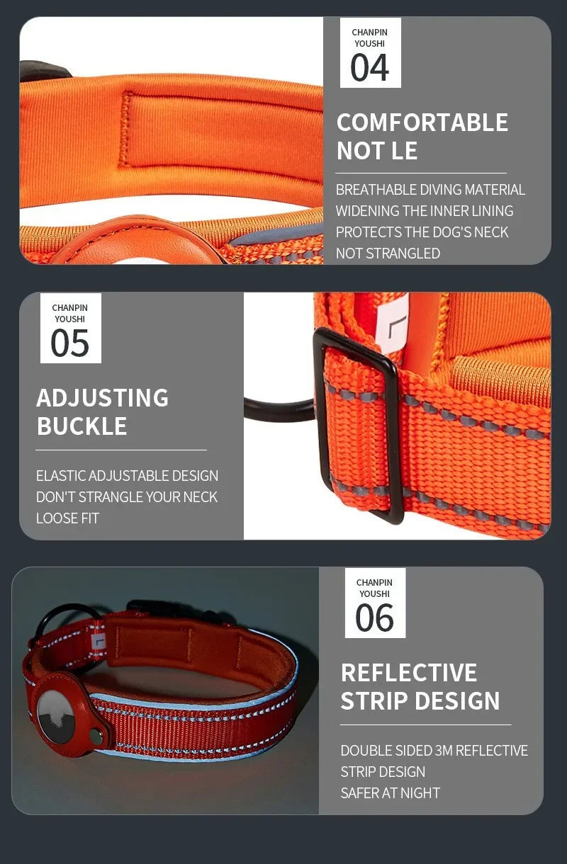 An orange dog collar featuring breathable lining, an adjusting buckle, and a reflective strip design.