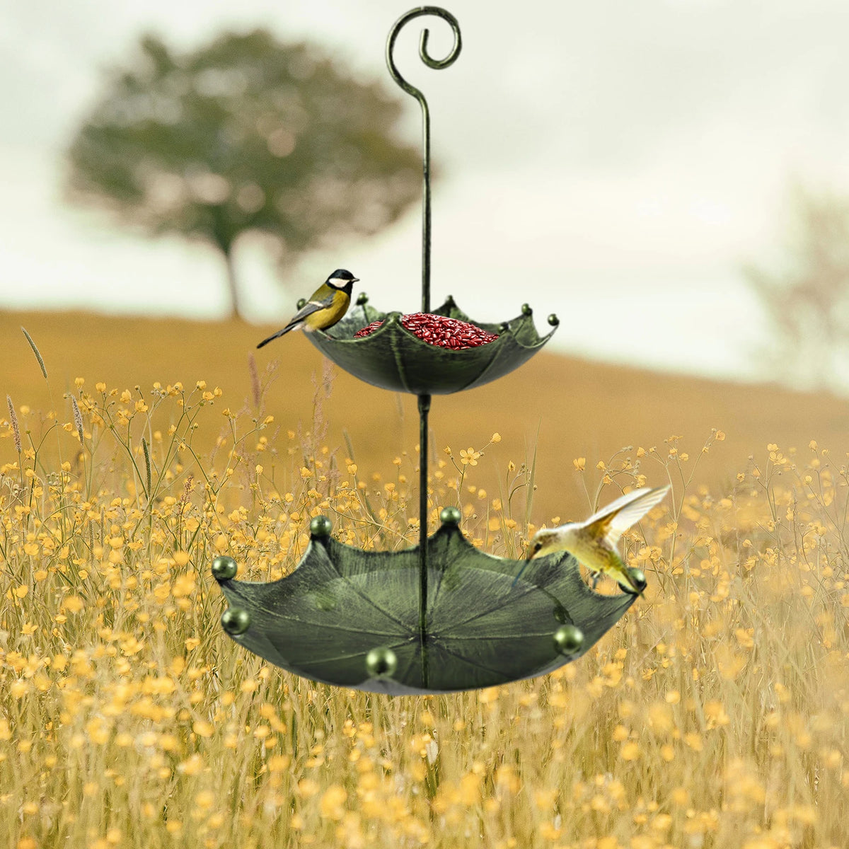 Antique Umbrella-Shaped Hanging Bird Feeder with Water Basin