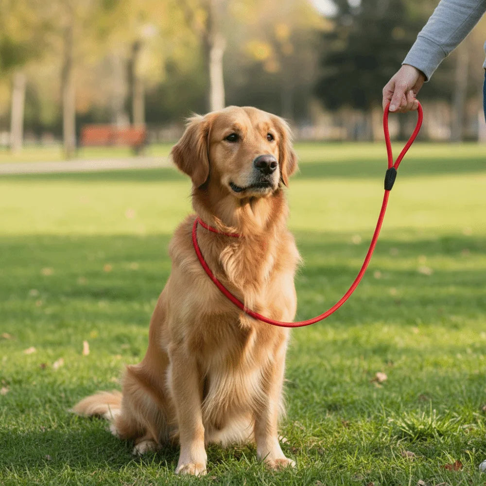 A golden retriever sits on grass holding a red nylon dog leash.