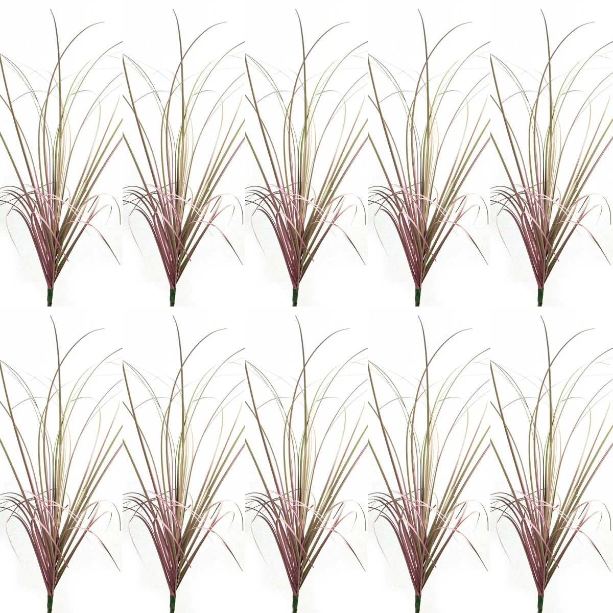 A collection of simulated onion grass garden decorations showing various shades of green and purple-pink foliage.