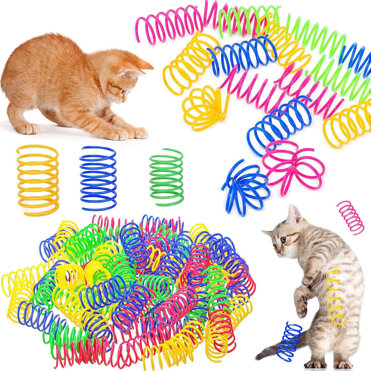 A collection of colorful interactive cat spring toys, including a kitten and a tabby cat playing with the springs.