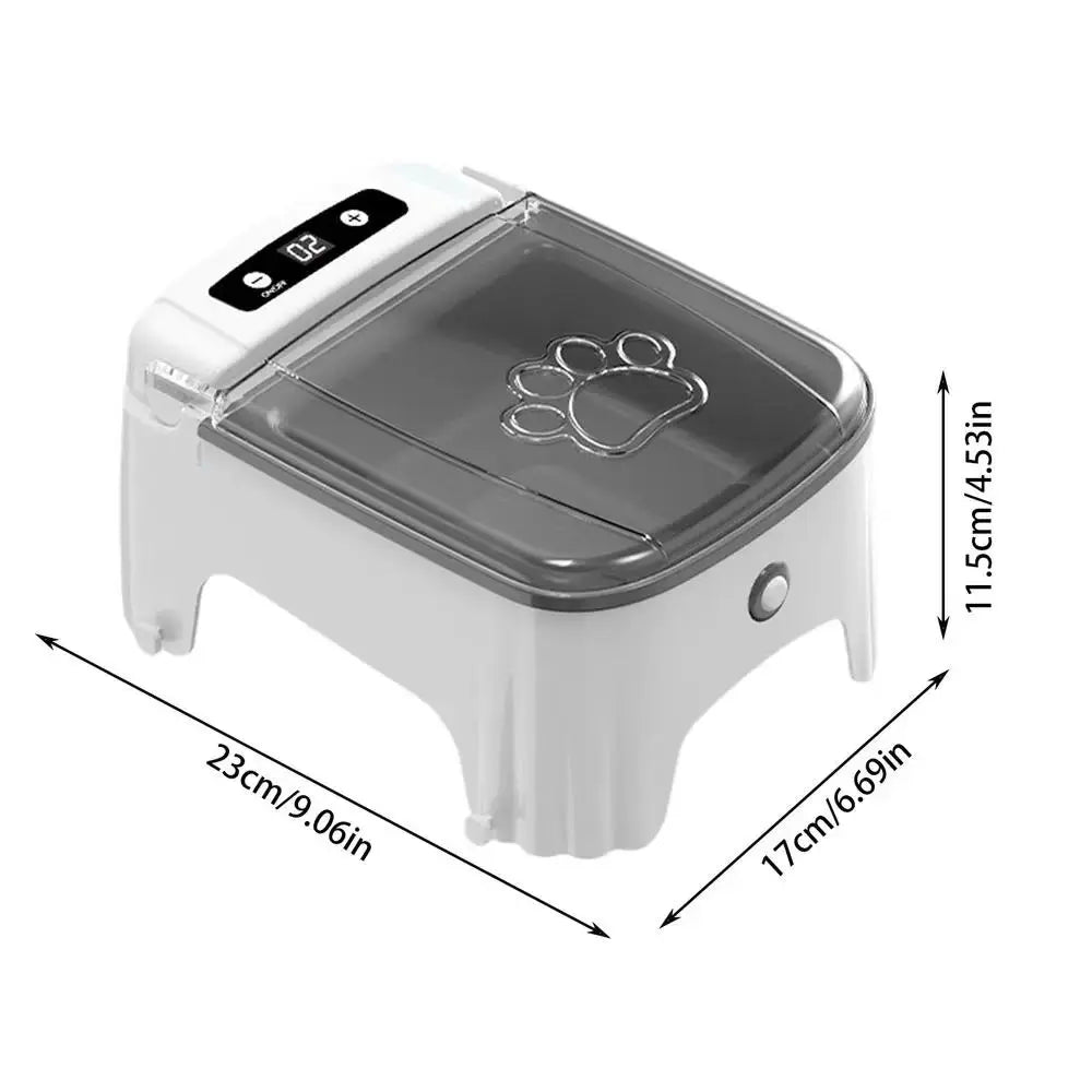 A white smart sensor pet feeder with a clear dispensing tray and a digital display showing 02 seconds.