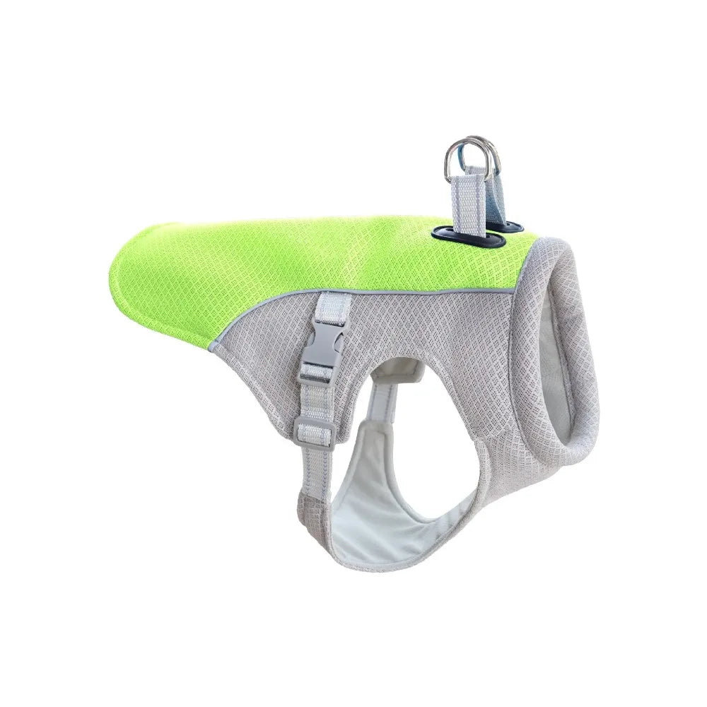 A lime green and gray cooling vest for dogs, featuring a loop for attachment.