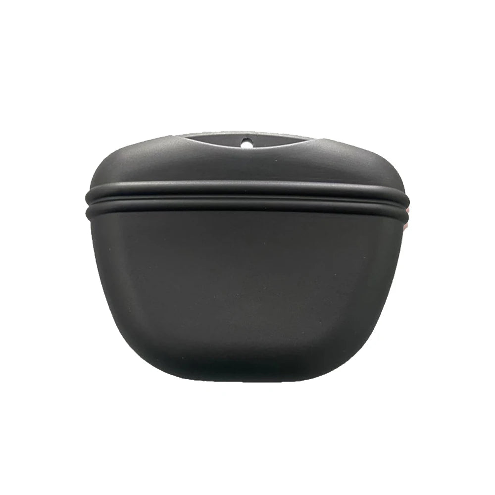 Black silicone dog treat pouch with a magnetic closure and waist clip.
