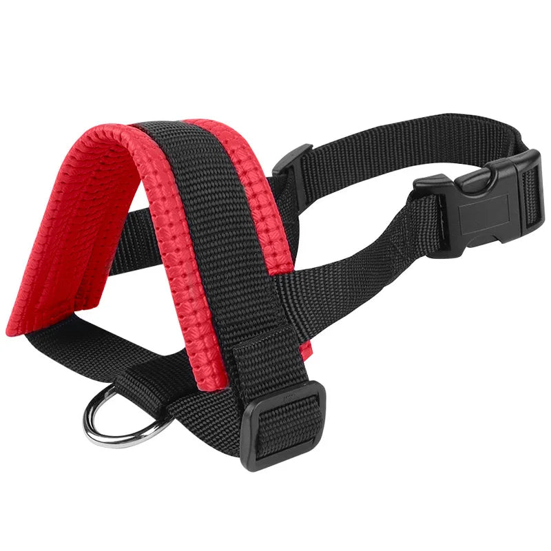 A black and red adjustable dog muzzle with a buckle and metal clip.