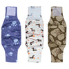 Three reusable dog belly bands in blue, white, and brown patterns for training and protection.