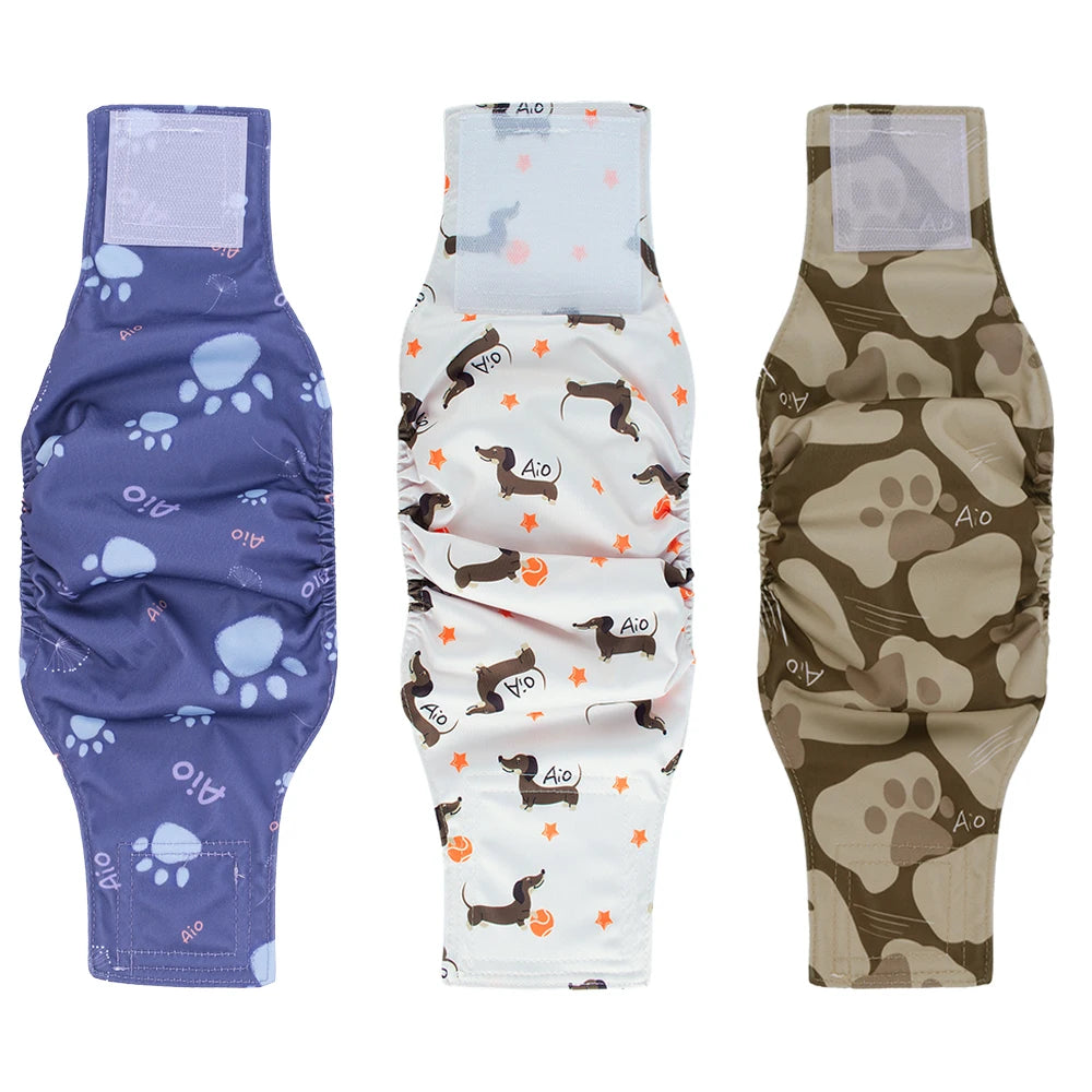 Three reusable dog belly bands in blue, white, and brown patterns for training and protection.