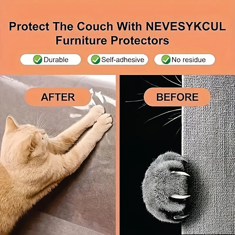 After and before images showing a cat's paw on furniture protected by NEVESYKCUL furniture protectors.