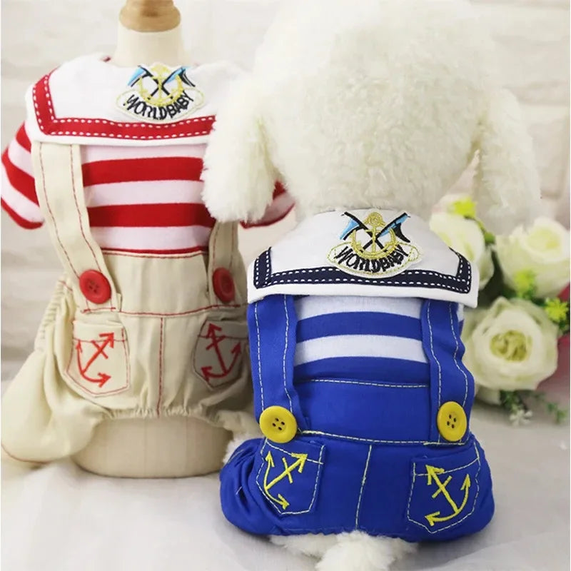 A white fluffy dog costume jumpsuit with red and white stripes and a sailor collar
