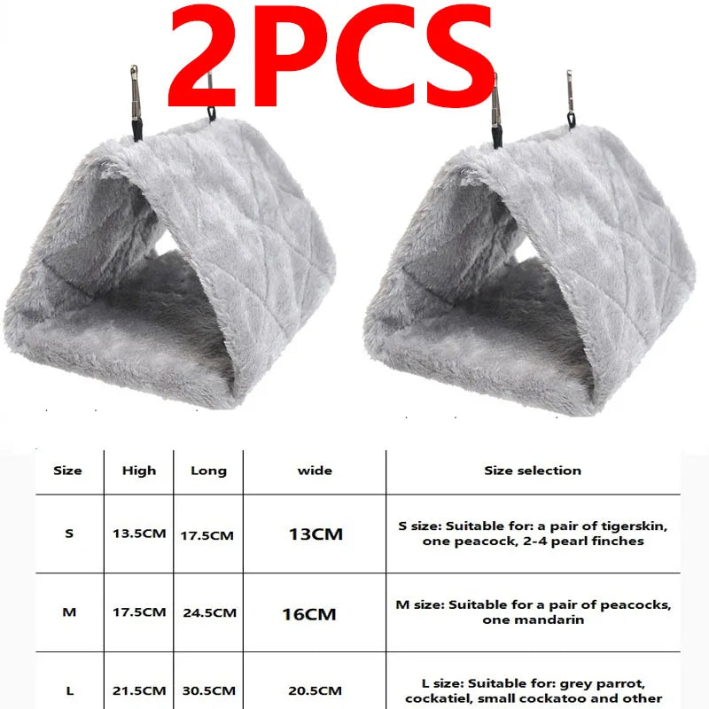 Two gray plush hanging bird hammocks or nests shown with size options.