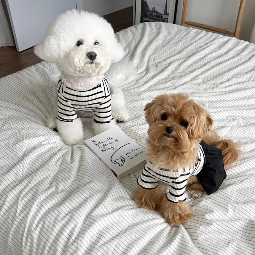 Striped Bow Accent Dog Dress with Flutter Sleeves for Small Breeds