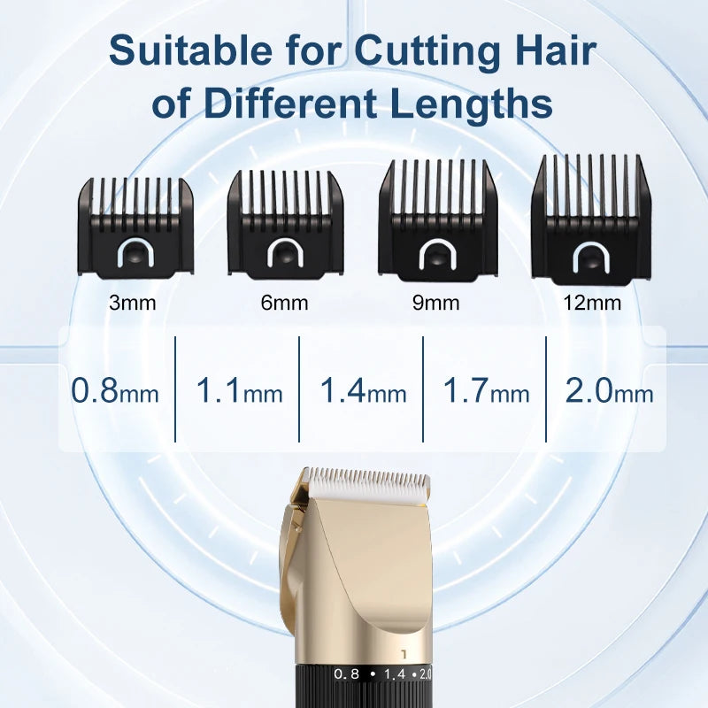 A set of interchangeable ceramic hair cutting combs for pet grooming clippers, showing blade lengths from 3mm to 12mm.