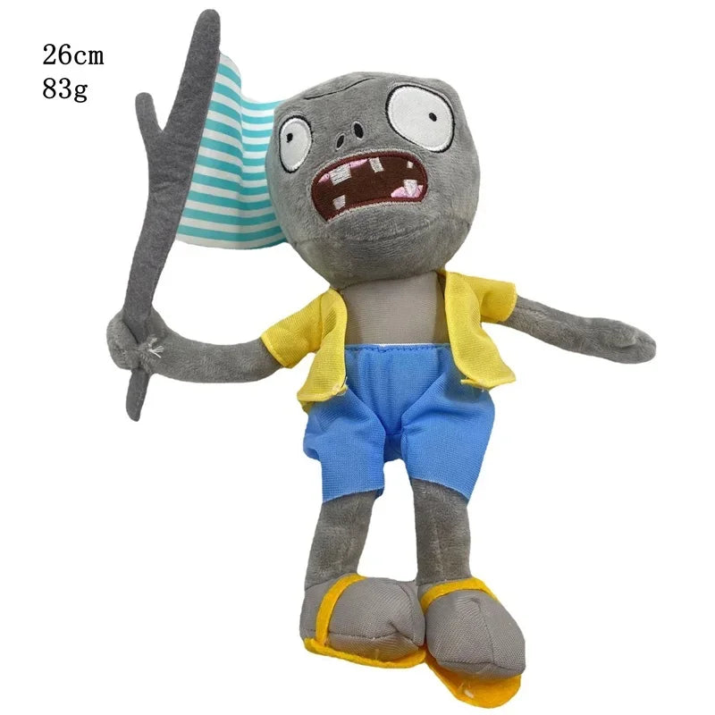 A plush toy of the Plants vs. Zombies Gargantuar with gray skin, yellow clothing, and a striped green hat.