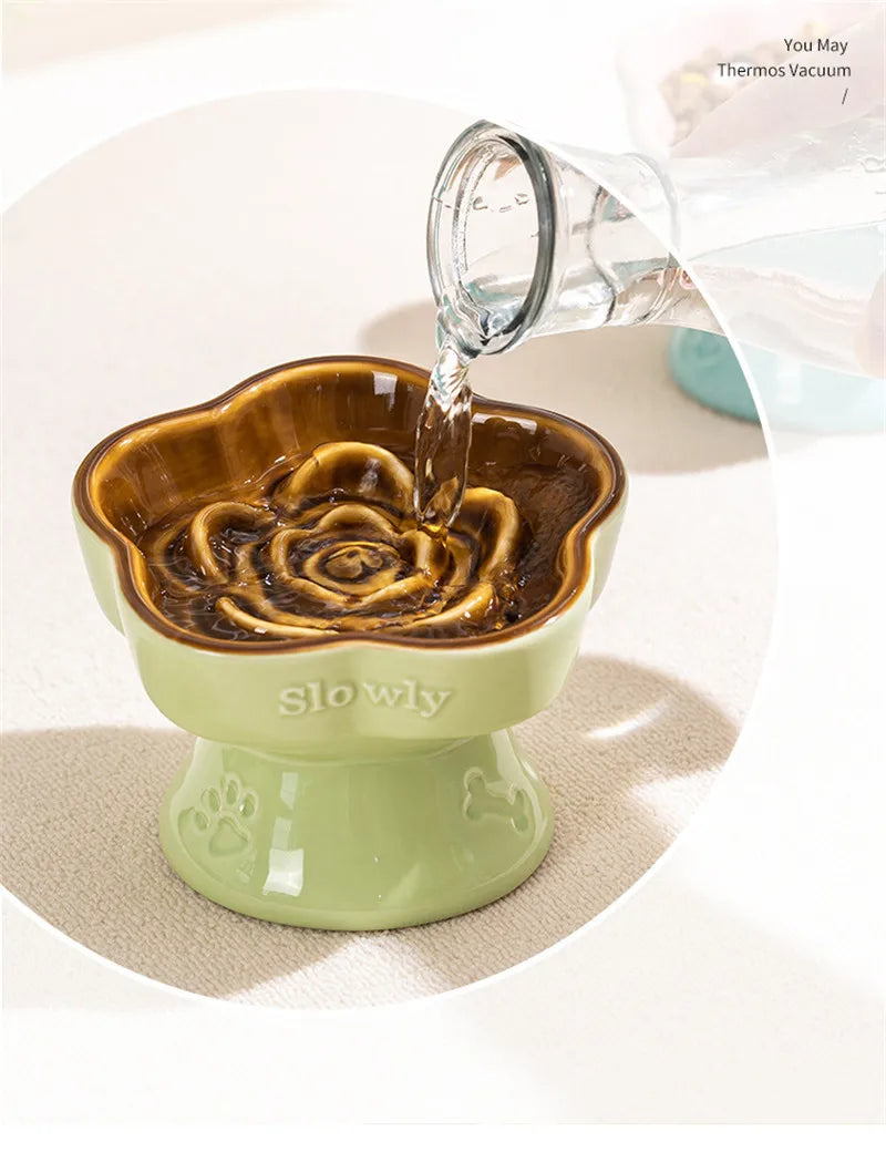 Elevated Ceramic Slow Feeder Bowl for Cats and Small Dogs