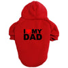 A red hoodie with the text I love my dad printed on the back.