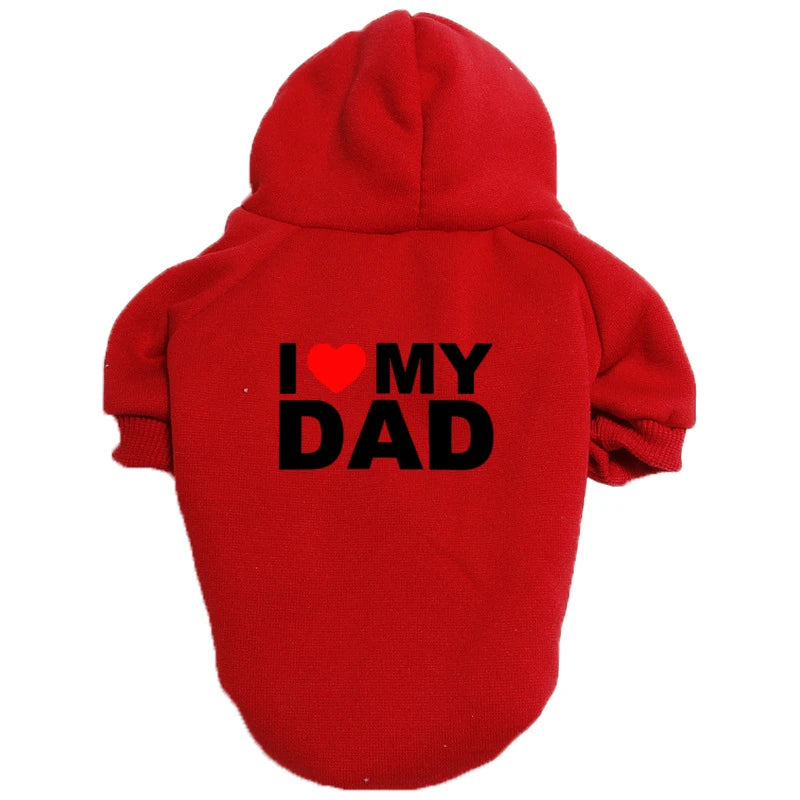 A red hoodie with the text I love my dad printed on the back.