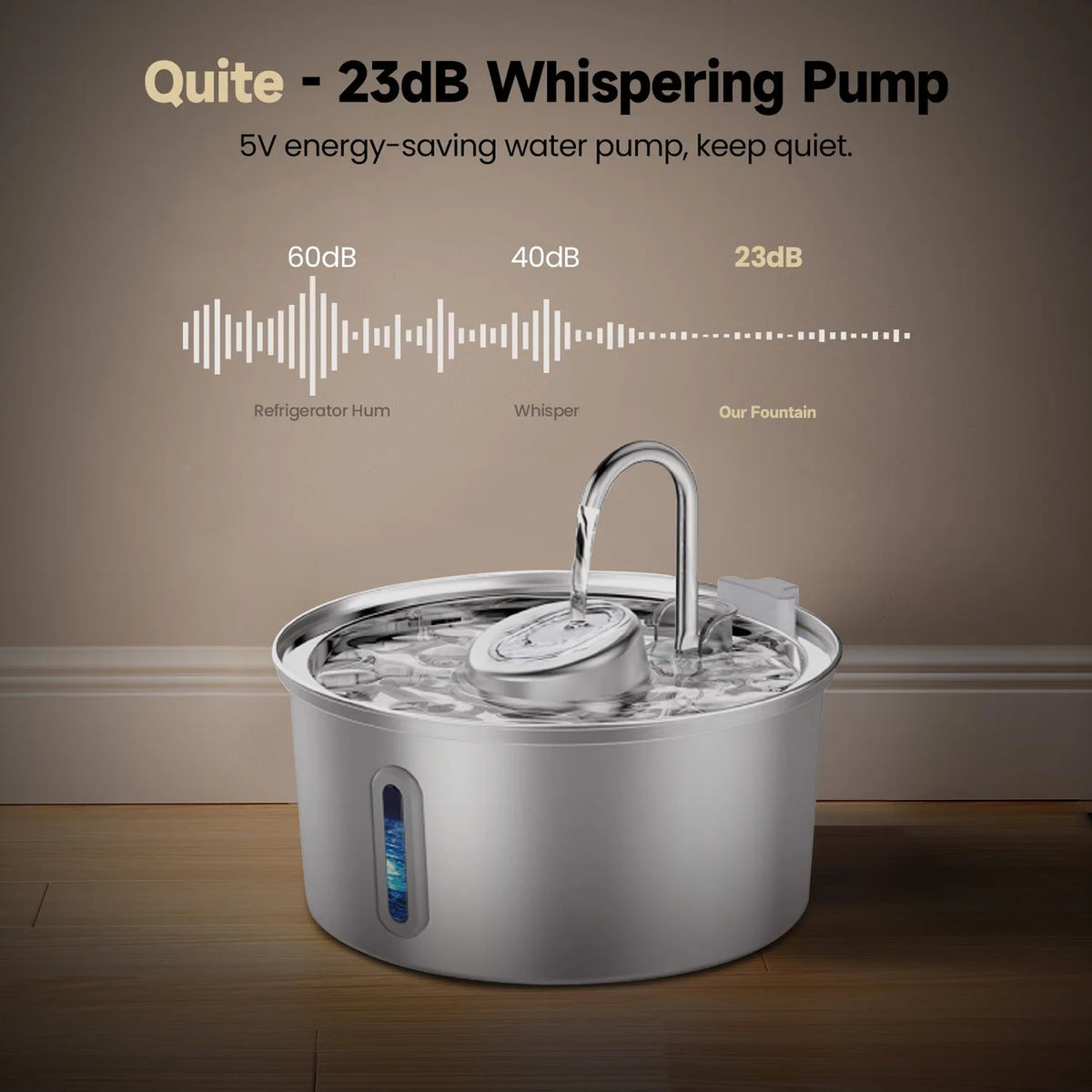 Stainless steel pet water fountain with a visible water level window and a silent pump.