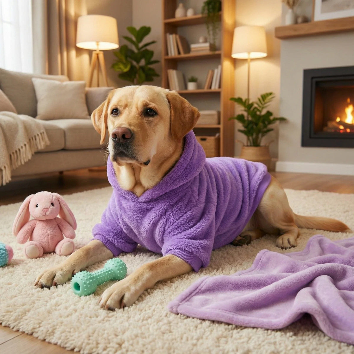 Un chien Labrador doré portant un manteau en polaire violet, se relaxant sur un tapis crème.
