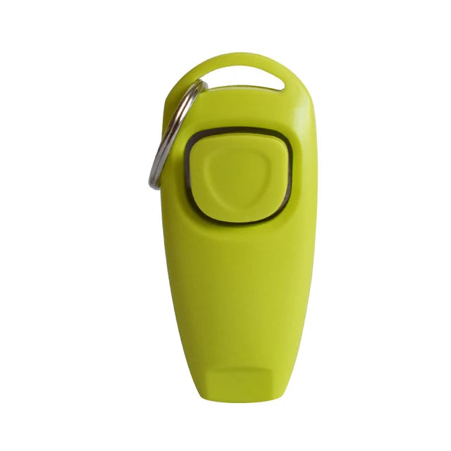 A lime green 2-in-1 dog training clicker and whistle attached to a key ring.