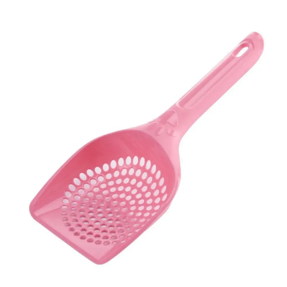 A pink durable cat litter scoop with sifting slots.