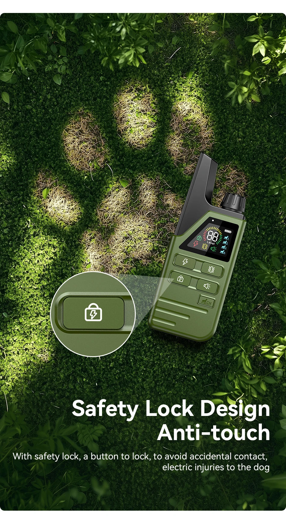 A green electric dog training collar with a safety lock design is shown on a mossy background.