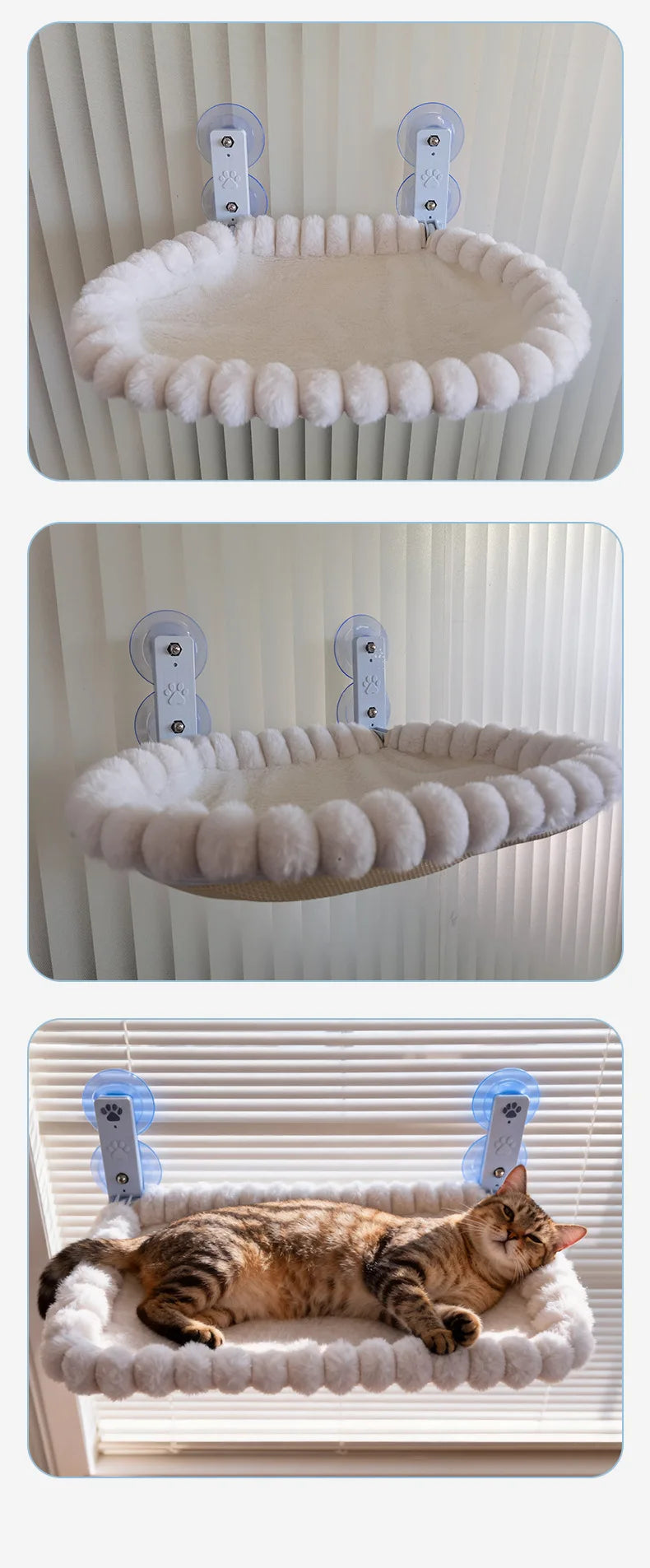 A fluffy white cat window perch hammock with suction cups, shown in multiple views.