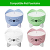 Four decorative cat water fountains in blue, green, white, and pink colors.