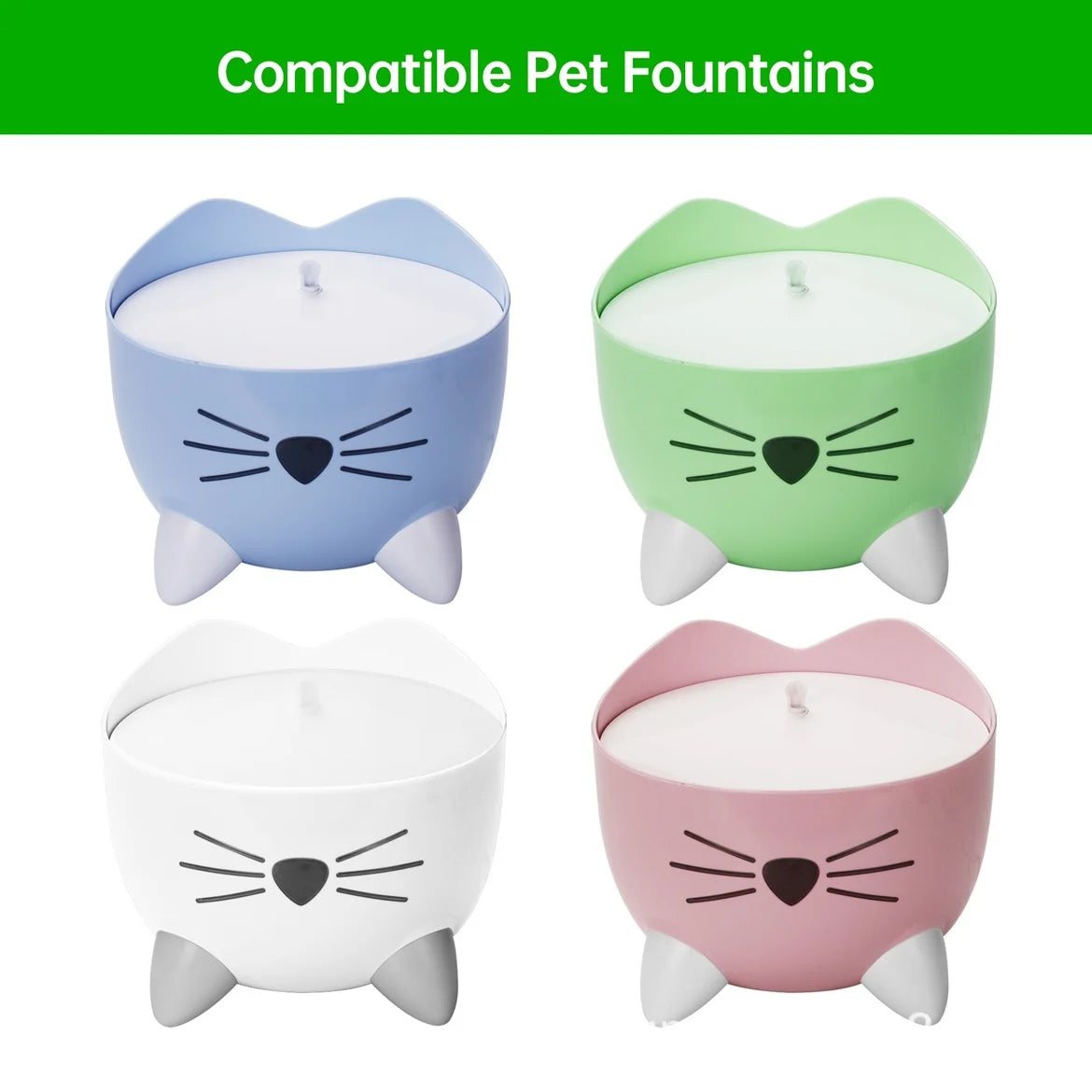 Four decorative cat water fountains in blue, green, white, and pink colors.