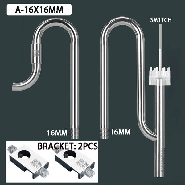 Stainless steel aquarium filter tube with oil skimmer and two mounting brackets