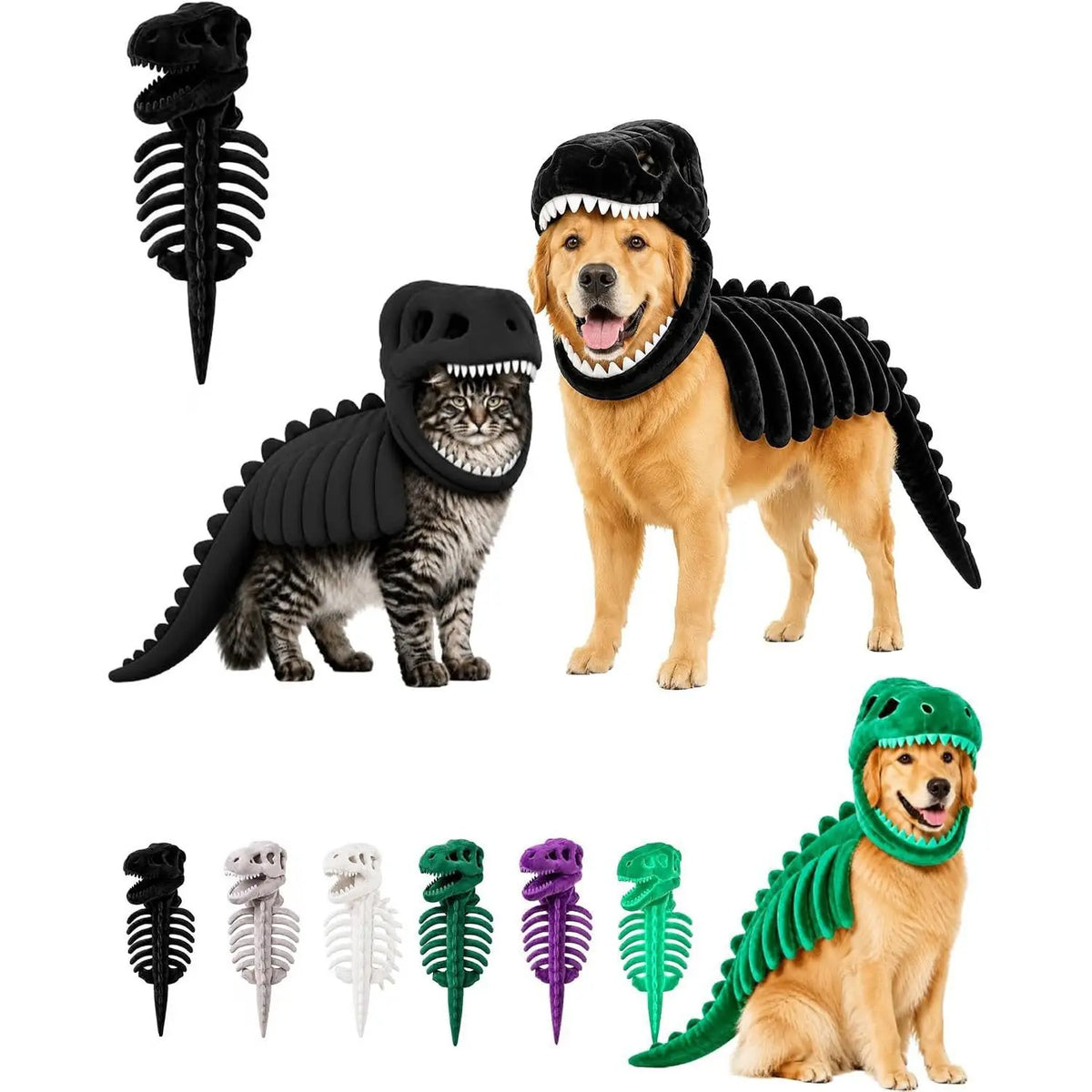 A collection of pet costumes featuring dinosaur skeletons for dogs and cats.