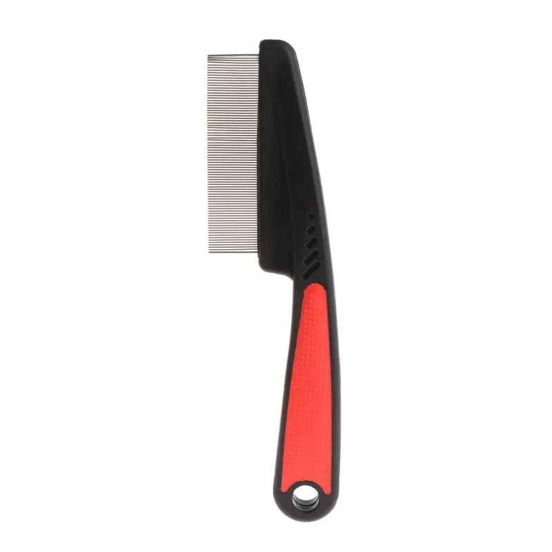 A black pet grooming comb with a stainless steel comb and red handle.