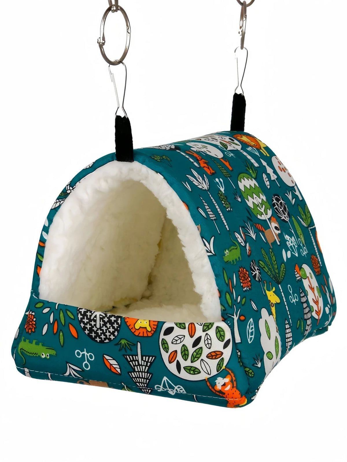 A teal hammock shaped like a bird's nest with white fluffy lining, hanging from a metal ring.