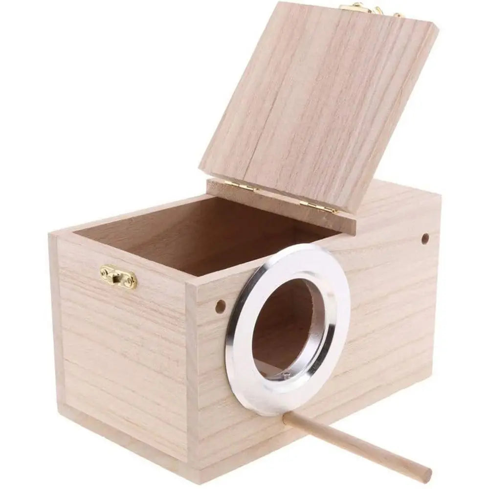 A light wood bird nesting box with a hinged lid and a circular viewing window.