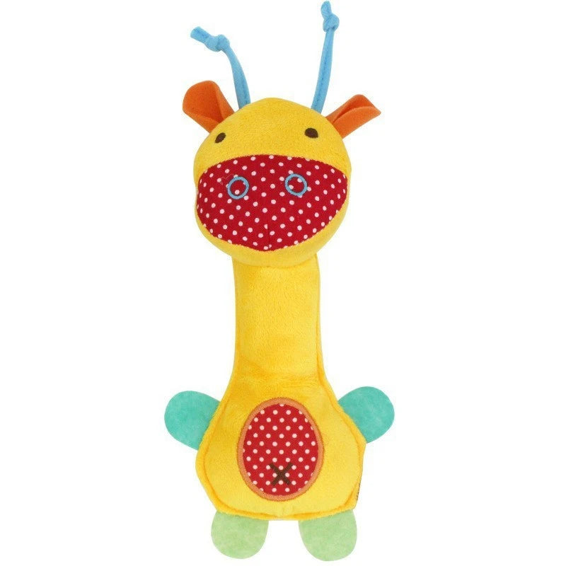 A yellow plush dog toy resembling a giraffe with orange ears and a red polka-dot face.