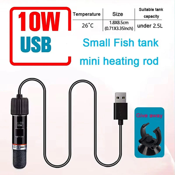 Schwarzer Mini-Heizstab mit USB-Anschluss neben Spezifikationen für einen kleinen Aquarium-Heizstab.