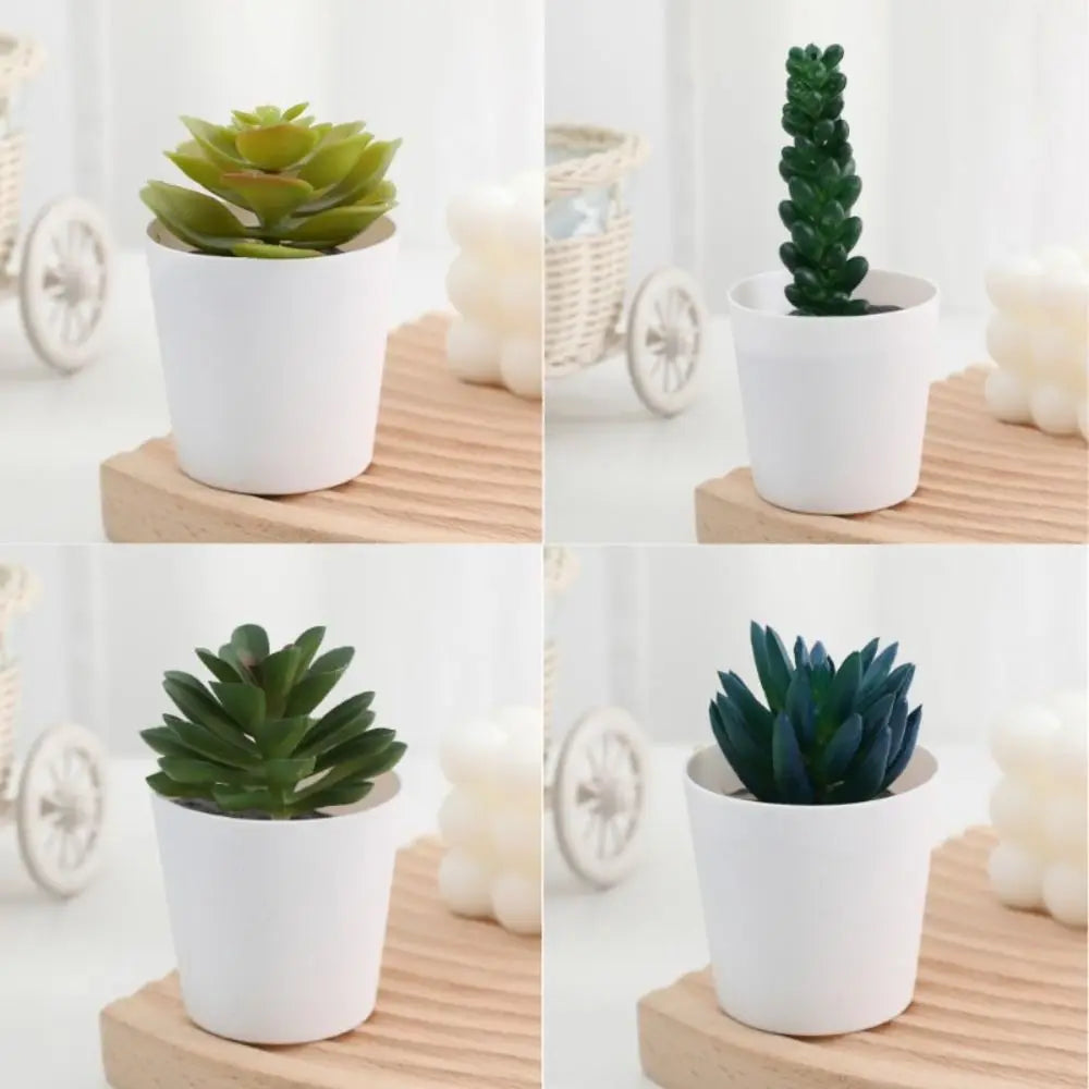 Artificial cactus succulent bonsai in a white decorative pot displayed on a wooden surface.