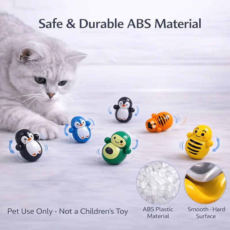 A set of ten self-rolling cat toys made from durable ABS plastic material, including various animal shapes.