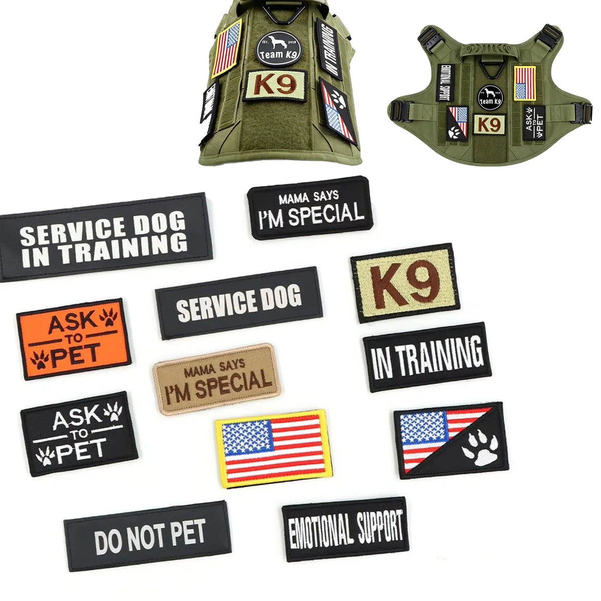 A collection of personalized tactical patches and emblems for dog vests, harnesses, and collars.