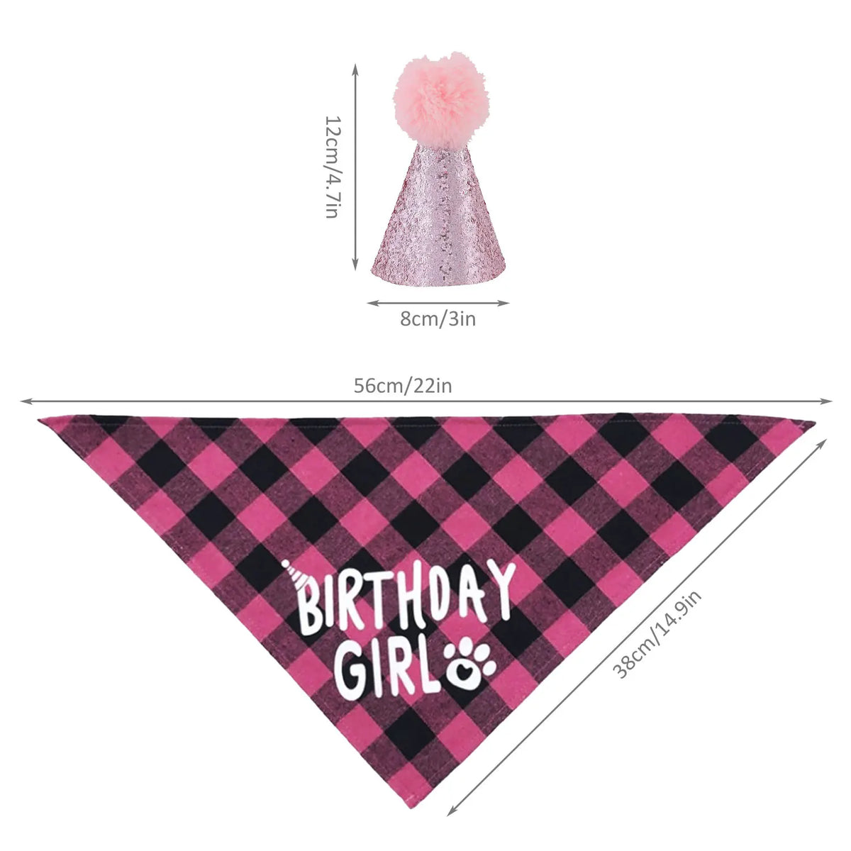 Pink glitter cone hat with a fluffy pompom and a pink checkered bandana for a birthday party set