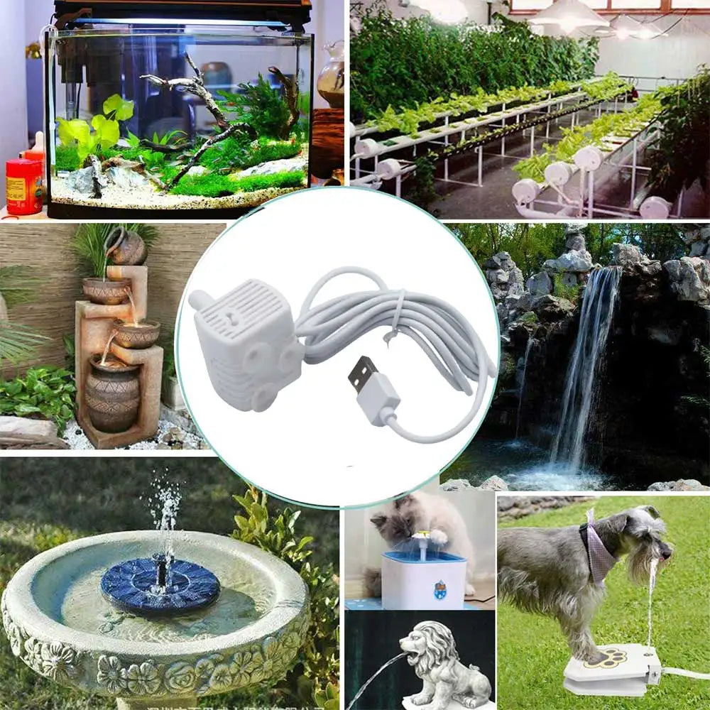 A quiet replacement water pump for pet fountains is shown with various setups including a large aquarium, garden fountains, a