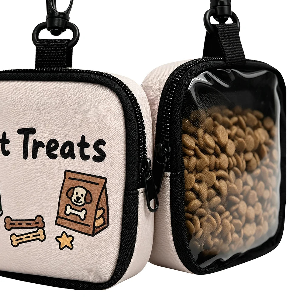 Beige Tasche mit Reißverschluss, die braune Hundetrainer-Leckerli aufbewahrt und einen Haken zum Tragen hat.