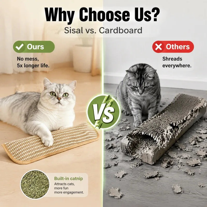 Comparison showing a cat using a jute scratching pad versus cardboard, highlighting the benefits of the catnip-infused produc