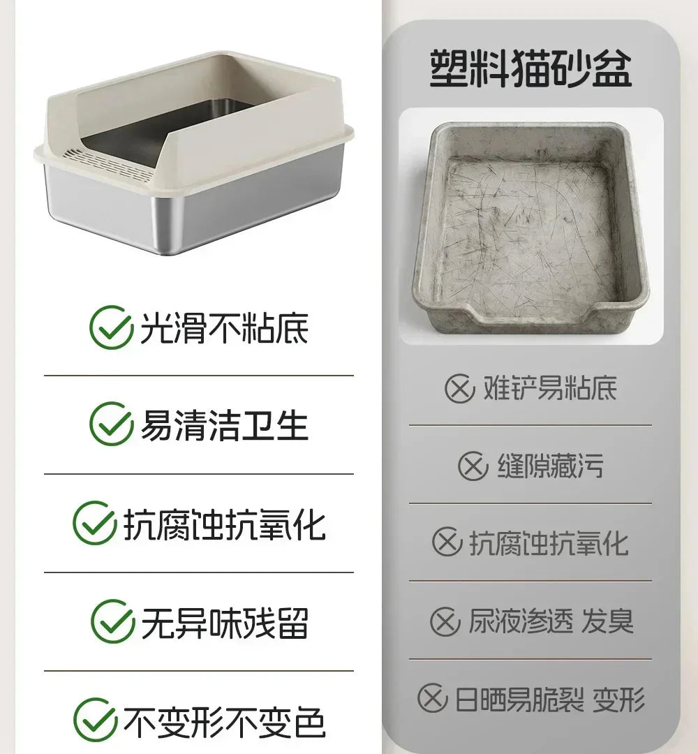 Extra-Large Stainless Steel Cat Litter Box with Splash-Proof Rim