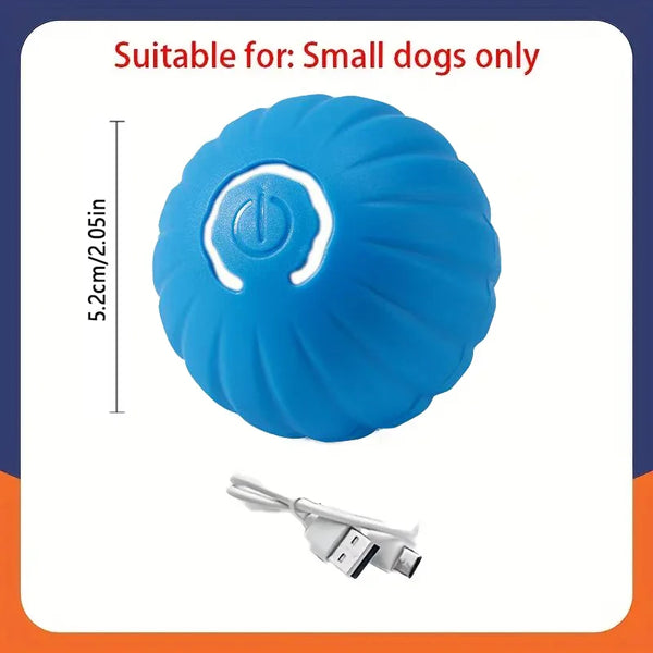 A bright blue interactive rechargeable dog ball toy with a white light feature and a charging cable.