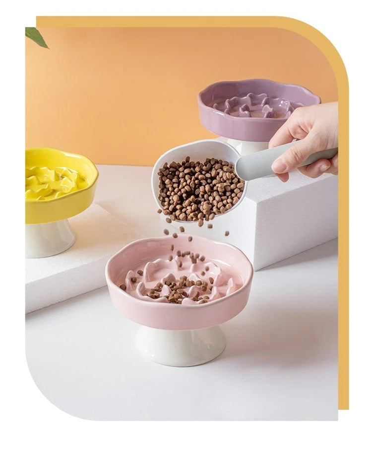 A hand is feeding dry food into a pink ceramic elevated bowl, with other bowls of food visible in the background.